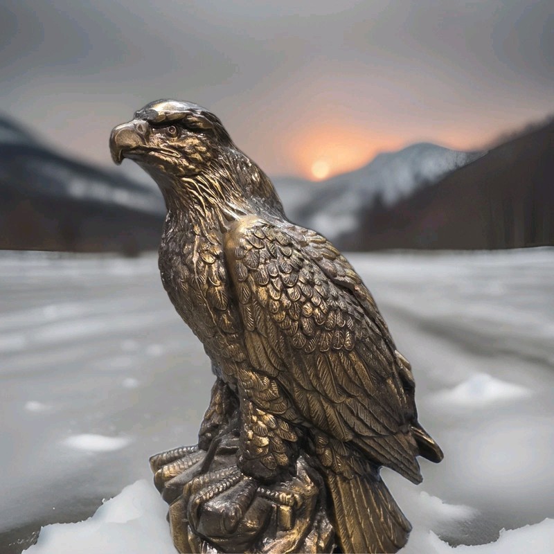 Eagle Bird Metal Figurine Statue with Metal Finish on Rock Base