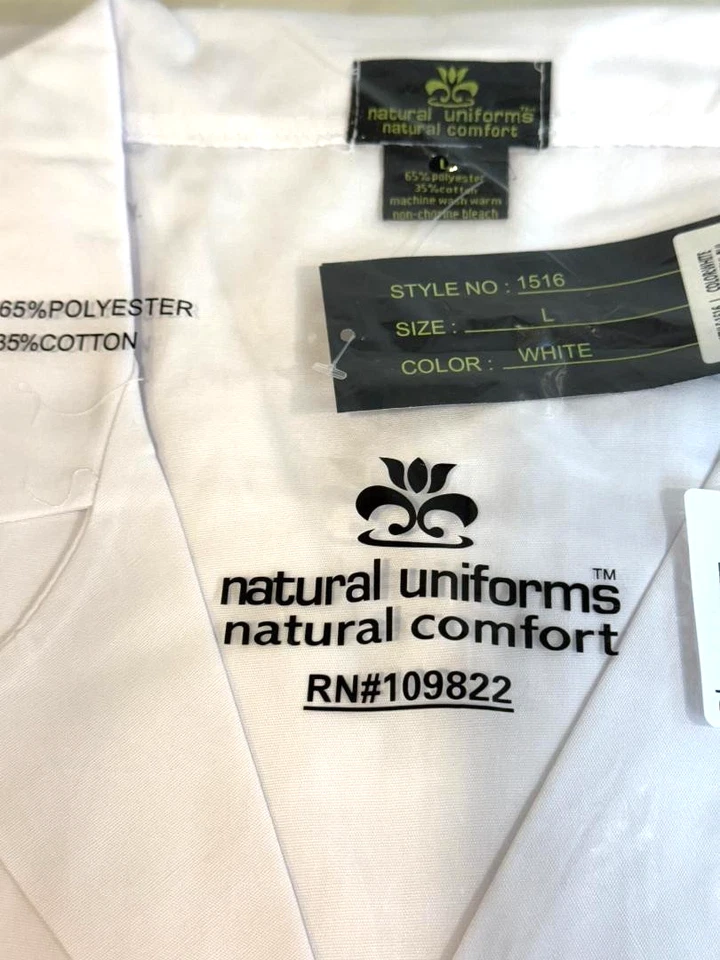 3) WOMANS FULL LENGTH LAB COAT REAR BELT SIZE L NATURAL UNIFORM 65POLY/35COT NWT - Image 3 of 4