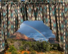 Southwestern Brown Swags Valance Teal Green Stripes 3pc Handcrafted Curtains