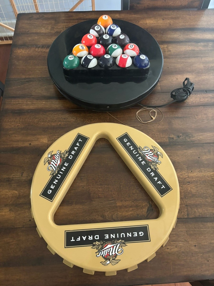 MILLER GENUINE DRAFT BEER BOTTLE CAP POOL BALLS RACK SIGN Rare