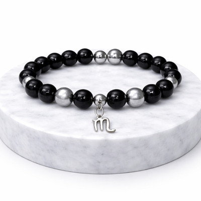 Black Onyx Hematite Crystal Bracelet Silver Scorpio Zodiac Charm Beaded Jewelry