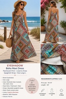 Eyeshadow Boho Maxi Dress Patchwork Print Lined Spaghetti Strap Size Large L