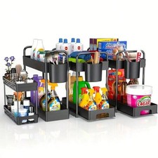 4 Pack 2 Tier Under Sink Organizer Pull Out Drawer Stackable Storage