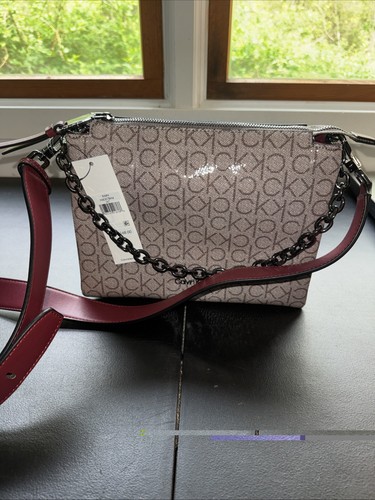 NWT Calvin Klein Rain Triple Compartment Chain Crossbody Black Emboss One
