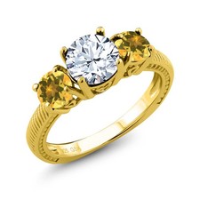 3.10 Ct Round White Topaz Yellow Citrine 18K Yellow Gold Plated Silver Ring