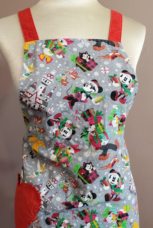 Disney Parks Christmas Apron Red Gray Ruffle Heart Pocket Cross Back Straps Full - Image 2 of 4