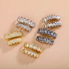 Bling Punk Fake Grills Iced Out CZ Gold Vampire Teeth Grillz for Cosplay Hip Hop