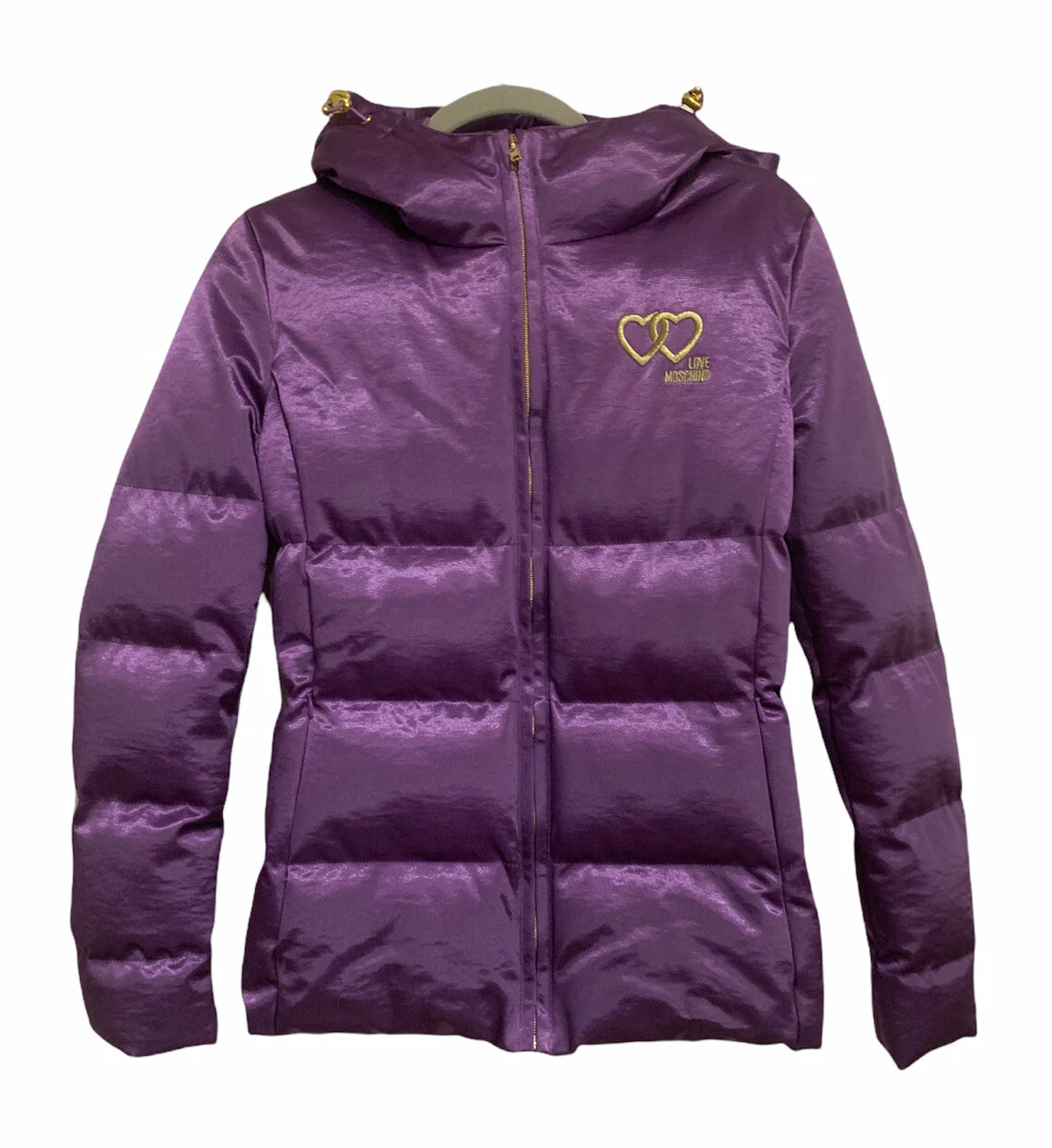 Love Moschino taglia 4 40 giacca donna viola ricamata cuore con cappuccio puffer