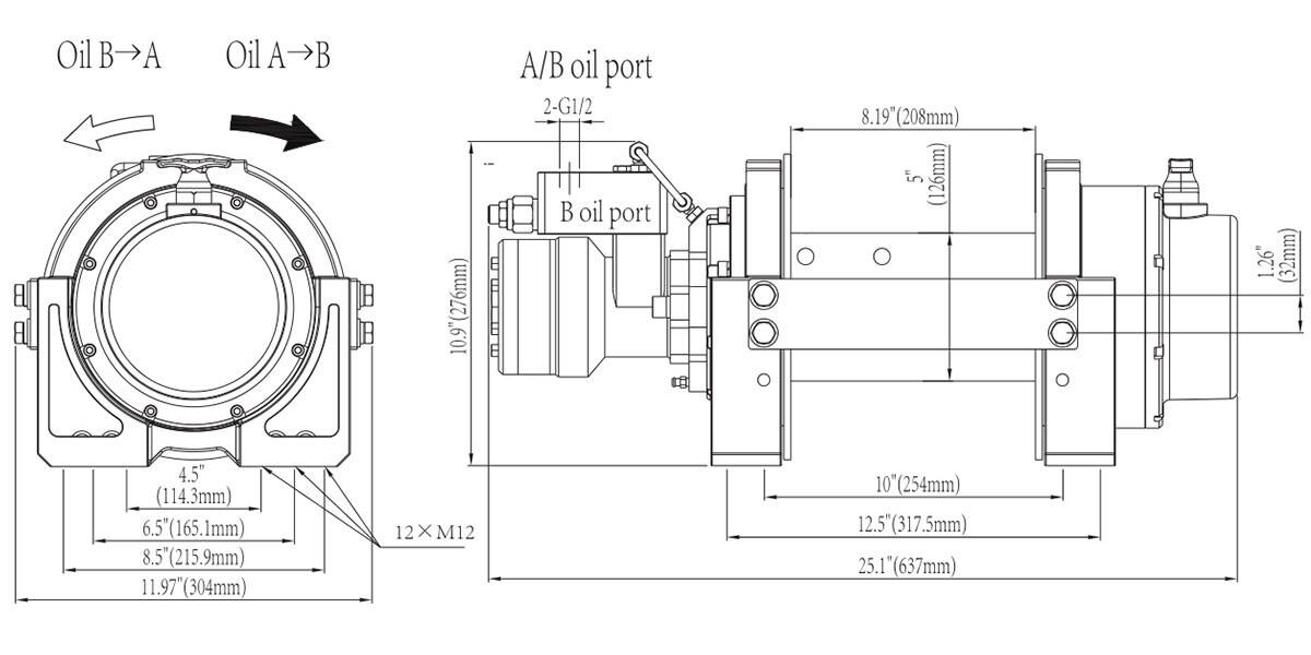 Novawinch HEN 18,000 lbs hydraulic winch, dual load valve, manual freespool