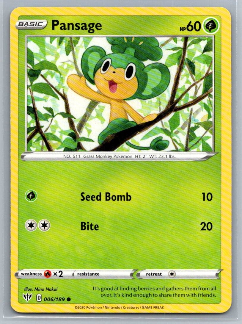 Pansage 6/189 Darkness Ablaze Common Pokémon TCG 2020
