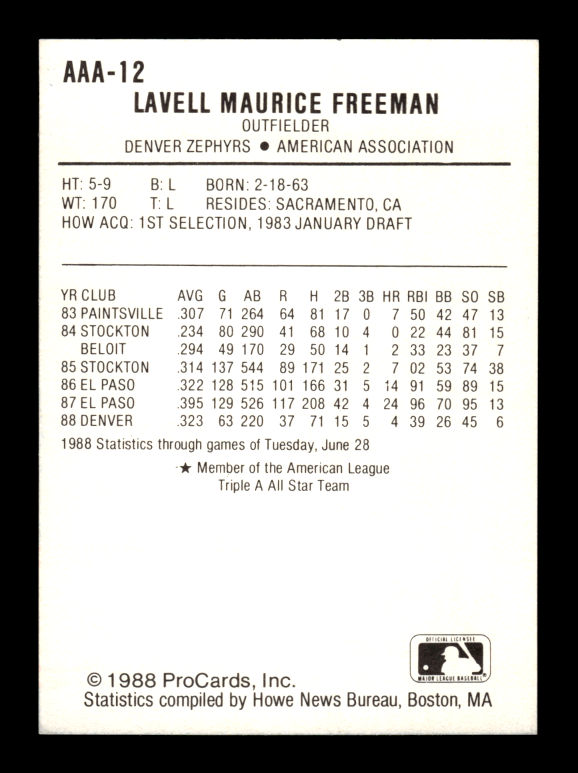 AAA トレカ 1988 Pro Cards Triple A All Star # AAA 12 Lavell Freeman Card (ML