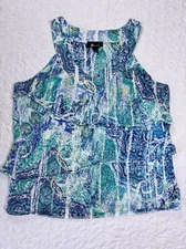 AB Studio Blue Green Paisley Floral Print Halter Vneck Ruffled Tank Top size xl