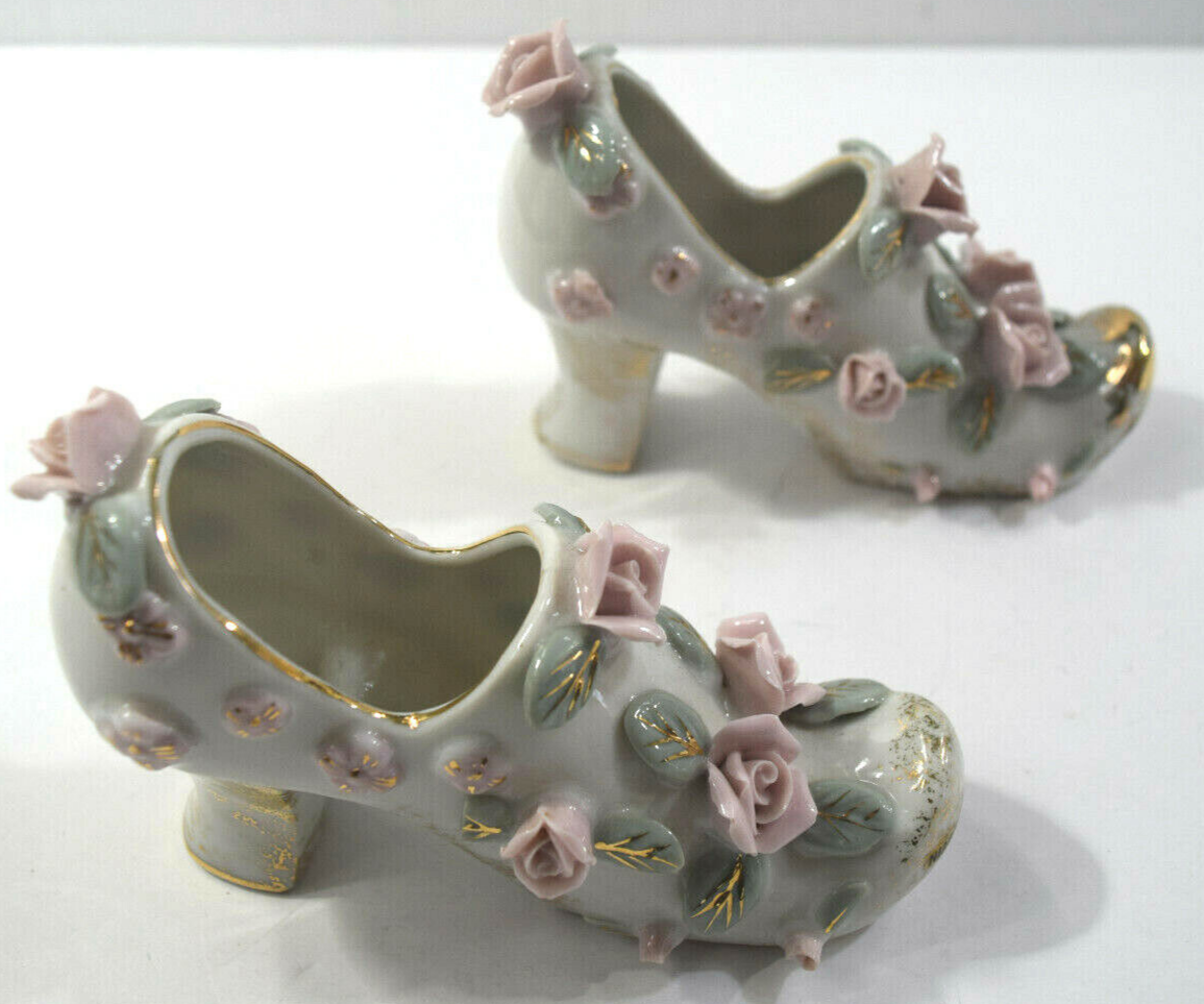 PANTOFOLA D’ORO Pantofole vintage porcellana bianca vittoriane cascate del Niagra bordo rosa oro