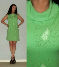 SALE!! Mod SM Vtg 60s 70s KNITMAKERS  Green Studded Swirl Space Age Mini Dress
