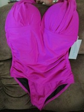 NWT Ladies Flattering Fuchsia Shirred One Piece V Neck Bathing Suit size M