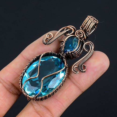 Blue Topaz Gemstone Handmade Solid Gift Jewelry Wire Wrap Copper Pendant - Picture 3 of 4