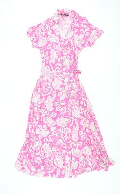 Marks & Spencer Damen Rosa Blumen Viskosemischung Wickelkleid Größe 6 V-Ausschnitt zum Binden