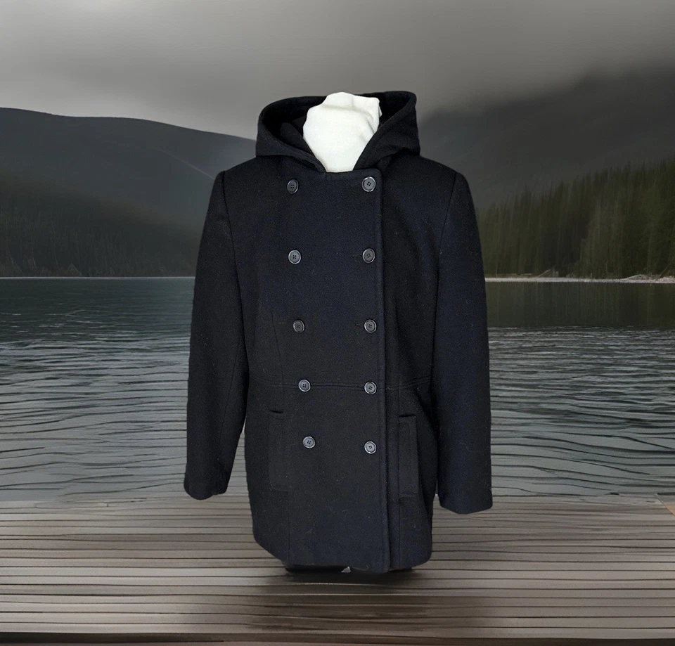 Chaquetón Moda Intl 100% Lana Con Capucha Negro Doble Pecho. Mujer Talla 14 Usado en Excelente Condición Foto 2 de 4