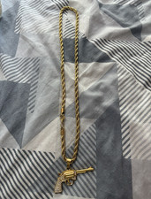 Yellow Gold Plated Rope Chain Necklace Gun Charm Pendant Crystal Rhinestone