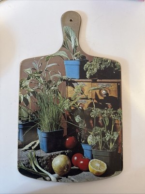 VTG MCM Wooden Cutting Board Farmhouse Wall Decor Painted Garden Scape