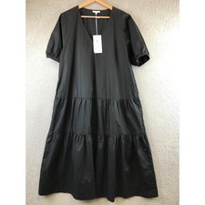 New CALME BY JOHNNY WAS Black Tiered Midi Dress V Neck Short Sleeve Women L