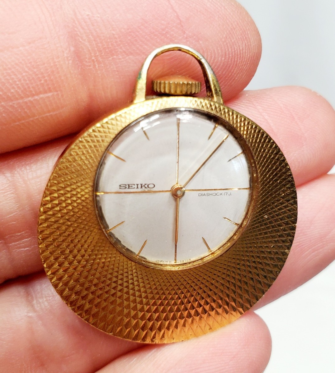 Vintage SEIKO 1970 White Gold Plated Mechanical 21-7160 Pendant Watch Necklace