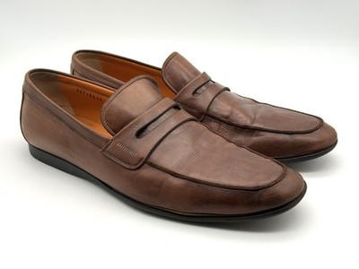 Santoni Brown Leather Penny Loafer Shoes Made in Italy Men display picture 2