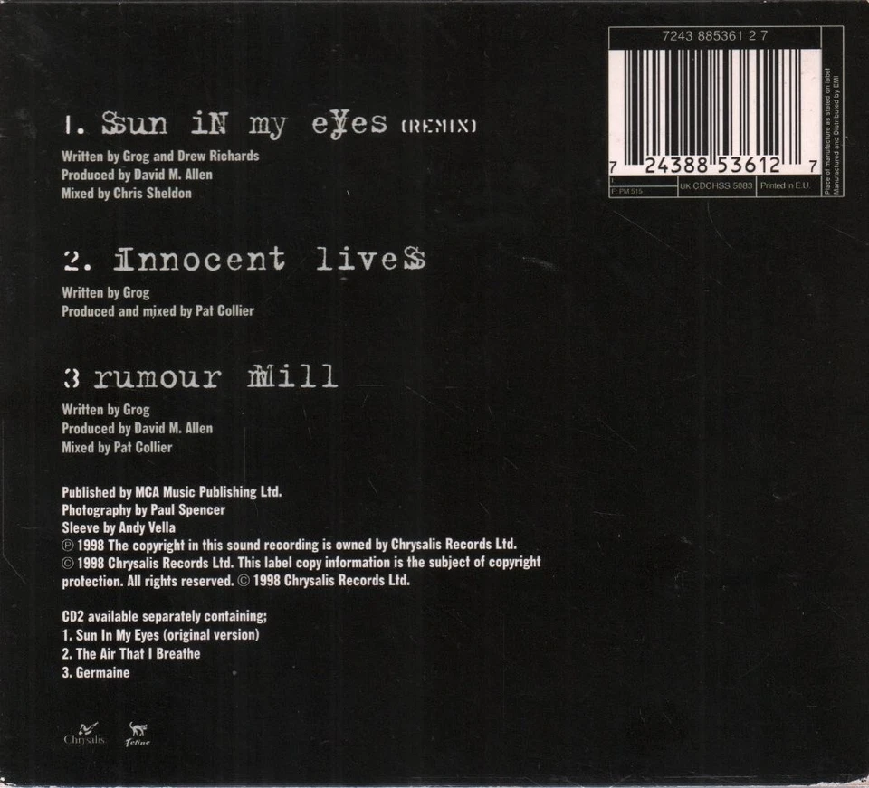 Feline Sun In My Eyes CD UK Chrysalis 1998 part 1 remix in digi pack b/w - Image 2 of 2