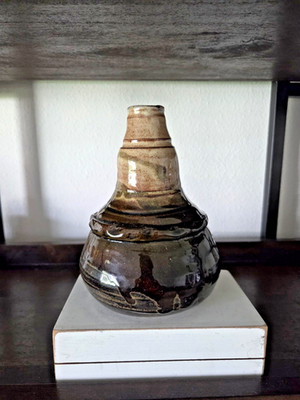 MAM Studio Pottery Vase 7'' Brown Cream Bottle Form Signed Artisan Handmade