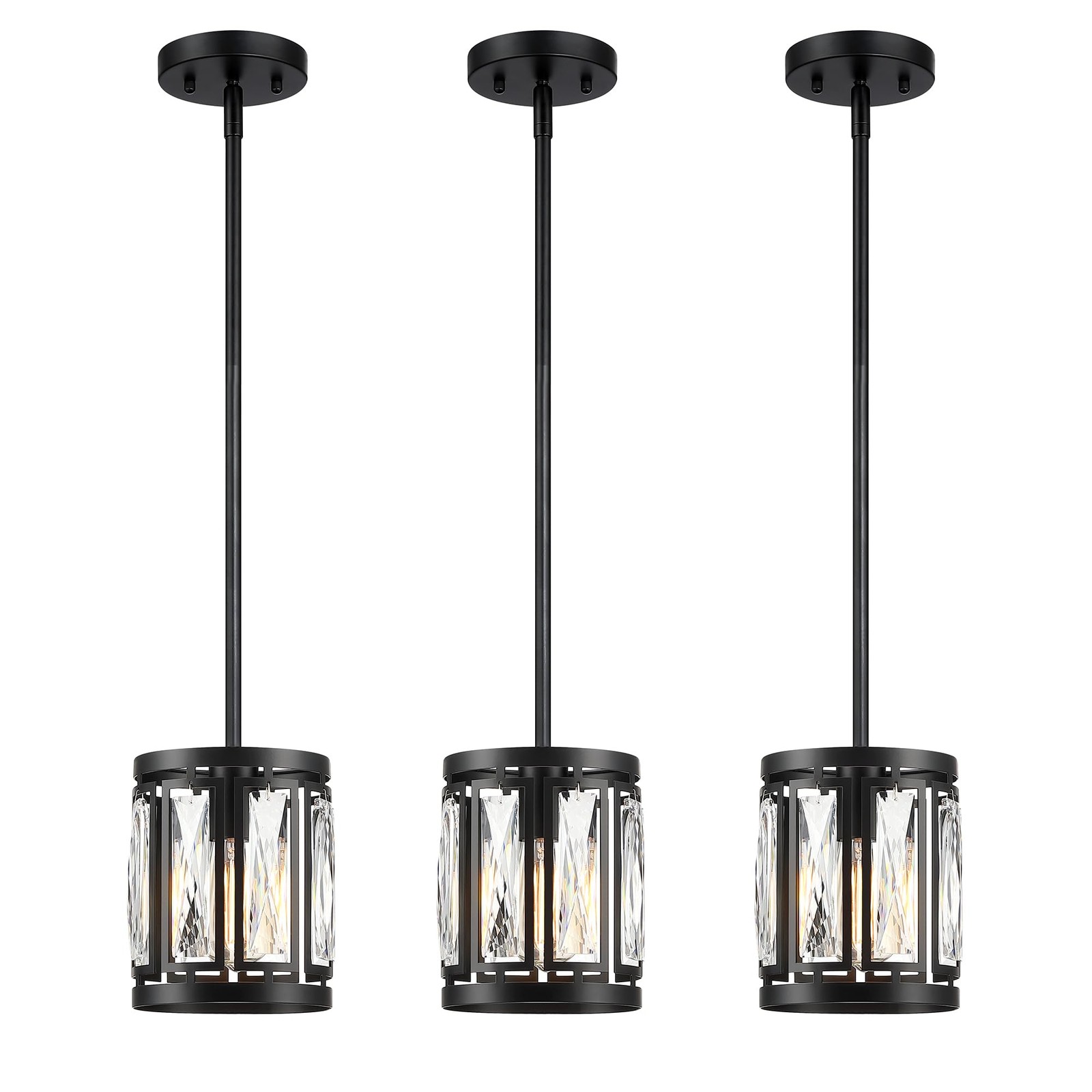Matte Black Crystal Pendant Light Fixture with Drum Shade 3-Pack Chandelier Set