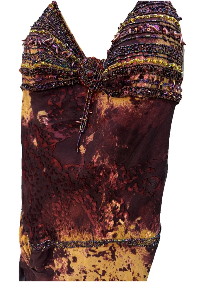 复古 90 年代 Y2K Sue Wong 夜曲勃艮第丝绸串珠长裙 W 开衩 10 — 第 3/4 张图片