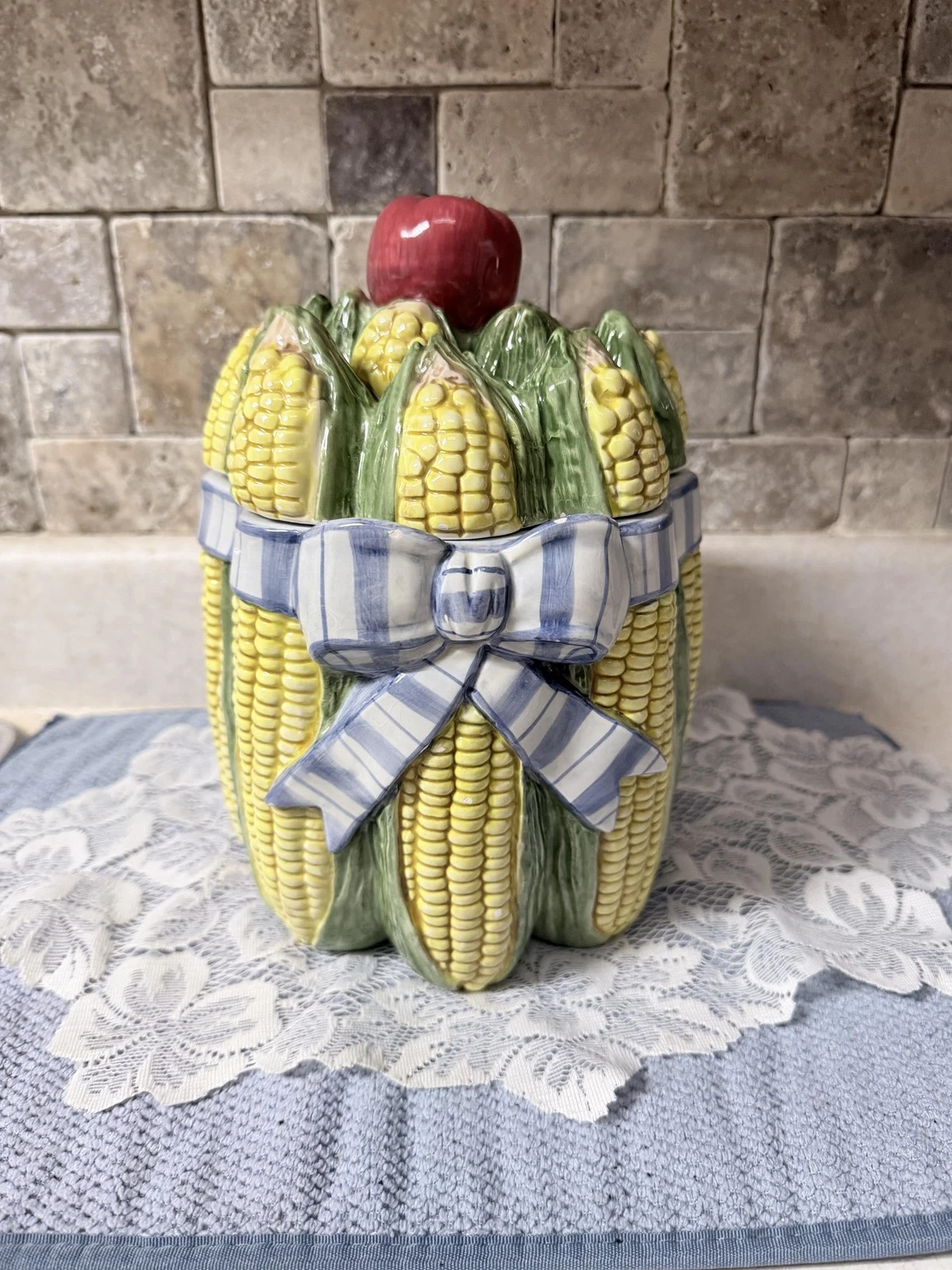 Fitz and Floyd Ceramic Corn Cookie Jar With Tomato Lid Blue Bow 10in