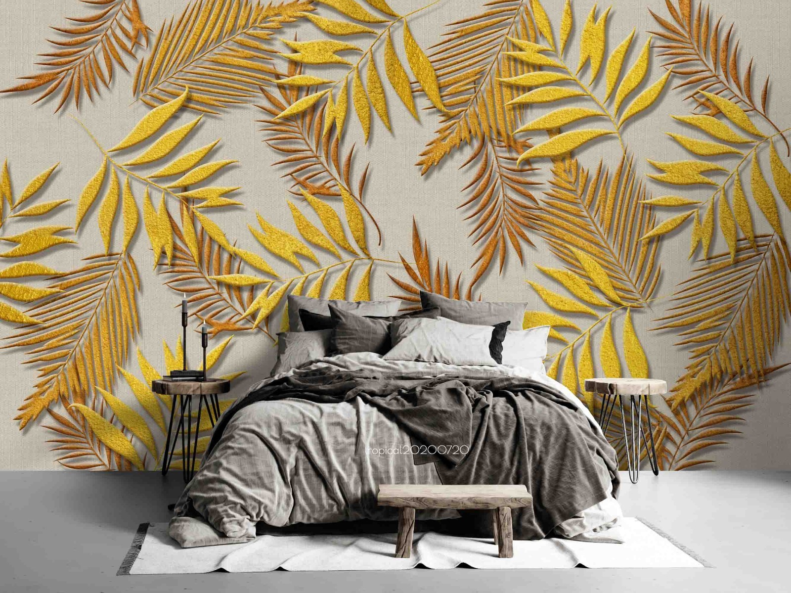 3D Gold Plant Leaves Wall Murals Wallpaper Murals Wall Sticker