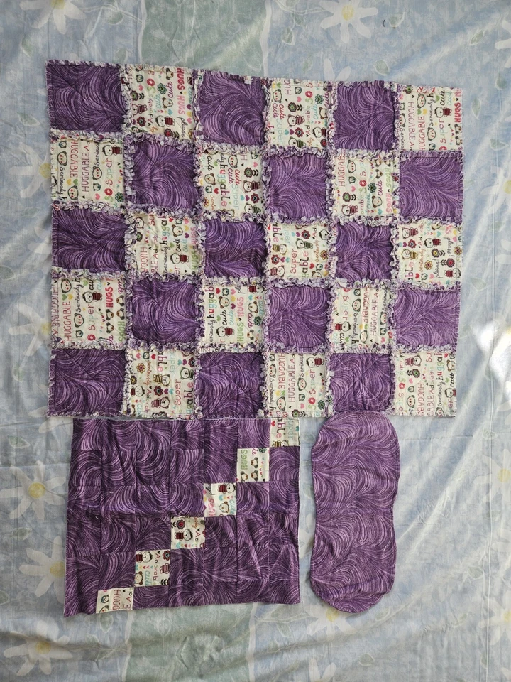 Juego de 3 colchas de trapo de bebé moradas abrazables súper lindas hechas a mano 33"×26" Foto 3 de 4