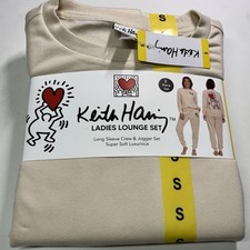 Keith Haring Women's 2 Piece Super Soft Fleece Lounge Pajama Set, Tan, Small NWT