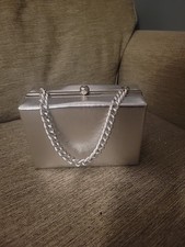 Vtg Silver Lame Box Purse Handbag Thick Chain Prom Formal Evening Gown Shiny