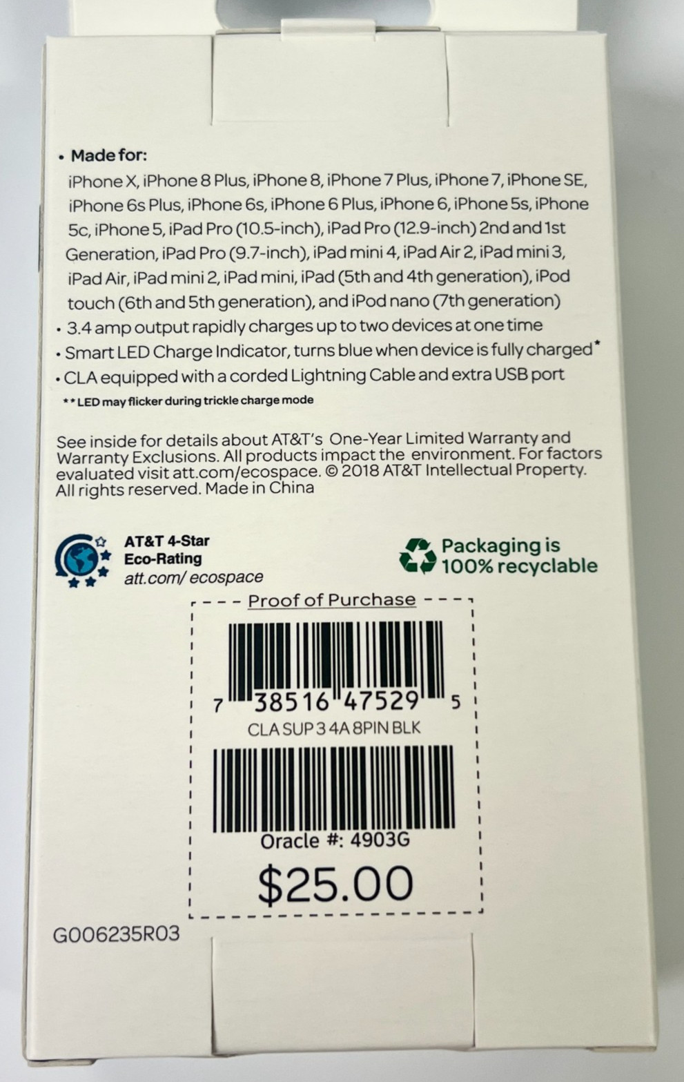 AT&T Apple Car charger iPhone 13 12 X 8 7 6/Plus/iPad Lightning Extra USB Port
