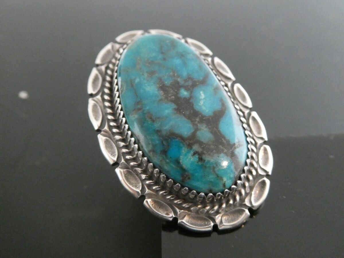 Giant Vintage Native American Navajo Blue Gem Turquoise Sterling Silver Oval Ring Giant Vintage Native American Navajo Blue Gem Turquoise Sterling Silver Oval Ring