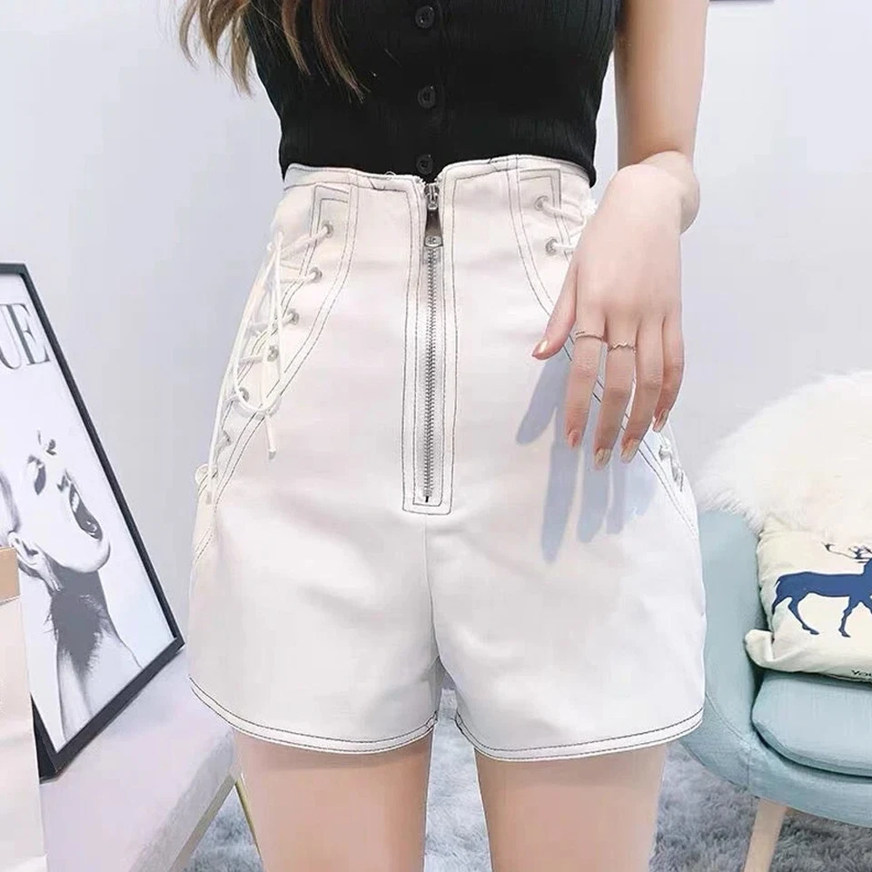 Новые женские белые кожаные шорты из натуральной мягкой овчины на шнуровке кожаные шорты - Изображение 4 из 4