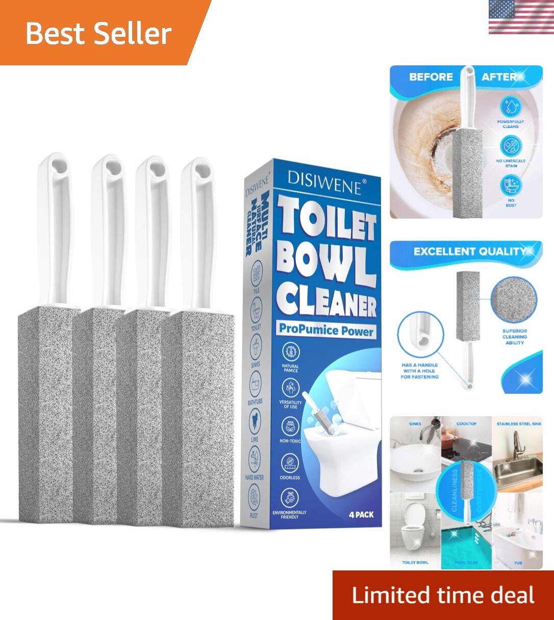 Pumice Stone Toilet Cleaner with Handle for Hard Water Stains and Rings