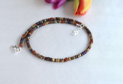 Unisex Beaded Leather Choker Necklace Earthy Tones Necklace Gift for Her Him - Picture 9 of 14