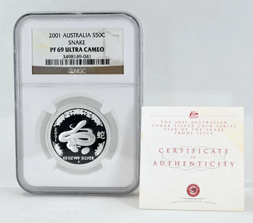 AUSTRALIA 50 Cents 2001 Silver 1/2oz. 'Lunar Year of the Snake' NGC PF69 CoA#168