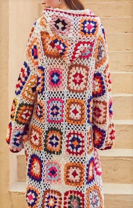 Cárdigan Crochet Granny Cuadrado Hecho a Mano Tejido Largo Arco Iris Cárdigan con Capucha Boho Foto 2 de 4