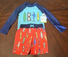 New Boys Size XS 4/5 Long Sleeve Shark Rashguard and Swim Trunk Set
