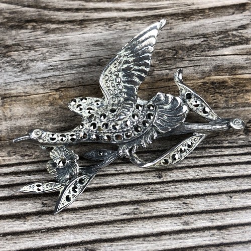 Vintage Flying Duck Goose Sterling Silver Marcasite Brooch Pin
