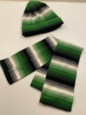 Striped Green/Black/White Lined Winter Unisex Kids Beanie Hat  Scarf set