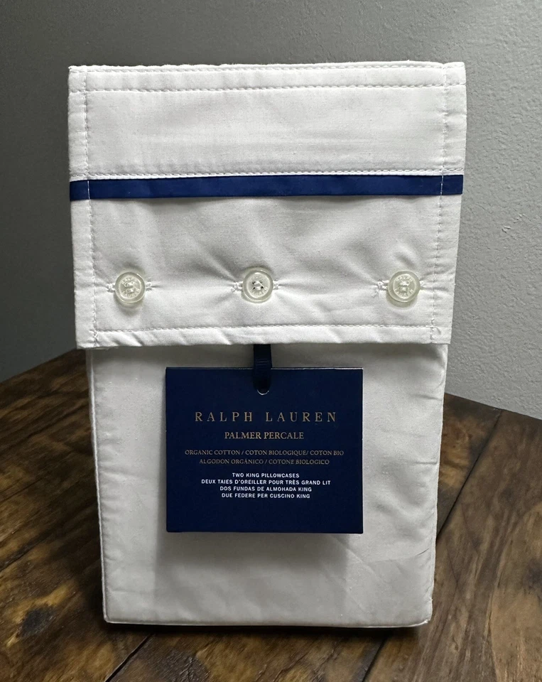 Ralph Lauren Palmer Percale Organic King Pillowcases $140 Harbor Blue White  - Image 2 of 4