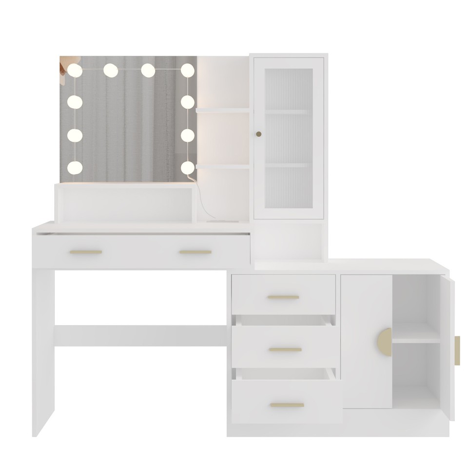 Large White Makeup Vanity Table with Mirror and Lights Charging Station