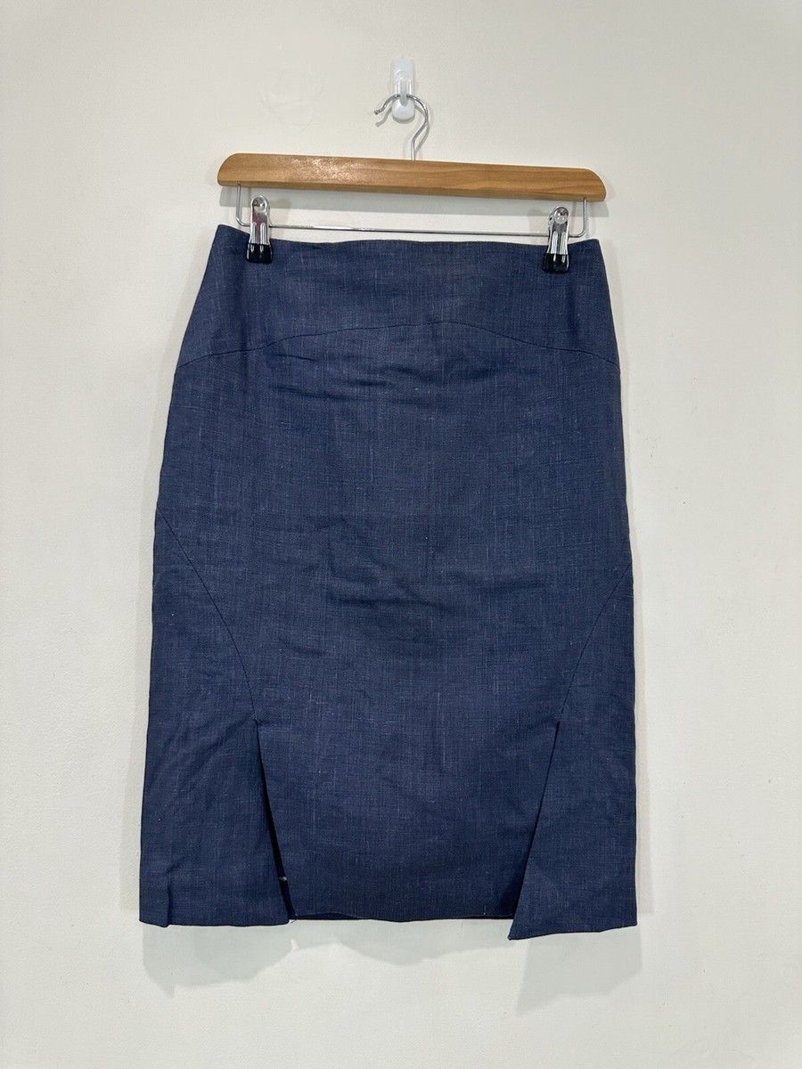 Bianca Spender Skirt Women (68 cm Waist) Blue Linen Lined Knee