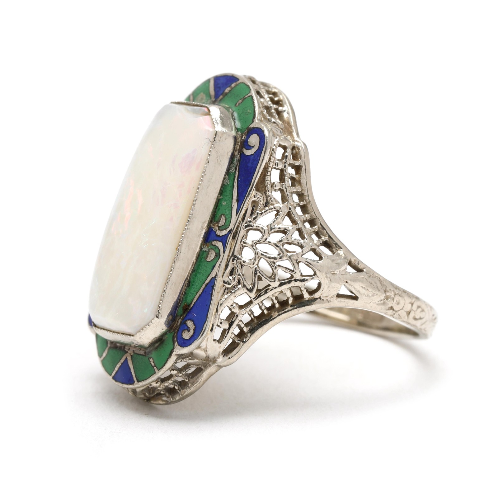 Art Deco Large Opal Rectangular Ring, 14k White G… - image 5